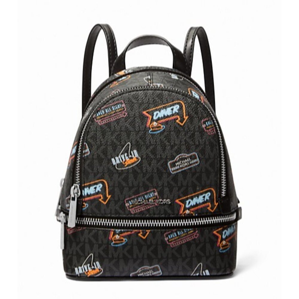 New Michael Kors Rhea Extra-Small Printed Signature Logo Backpack Black Multi
